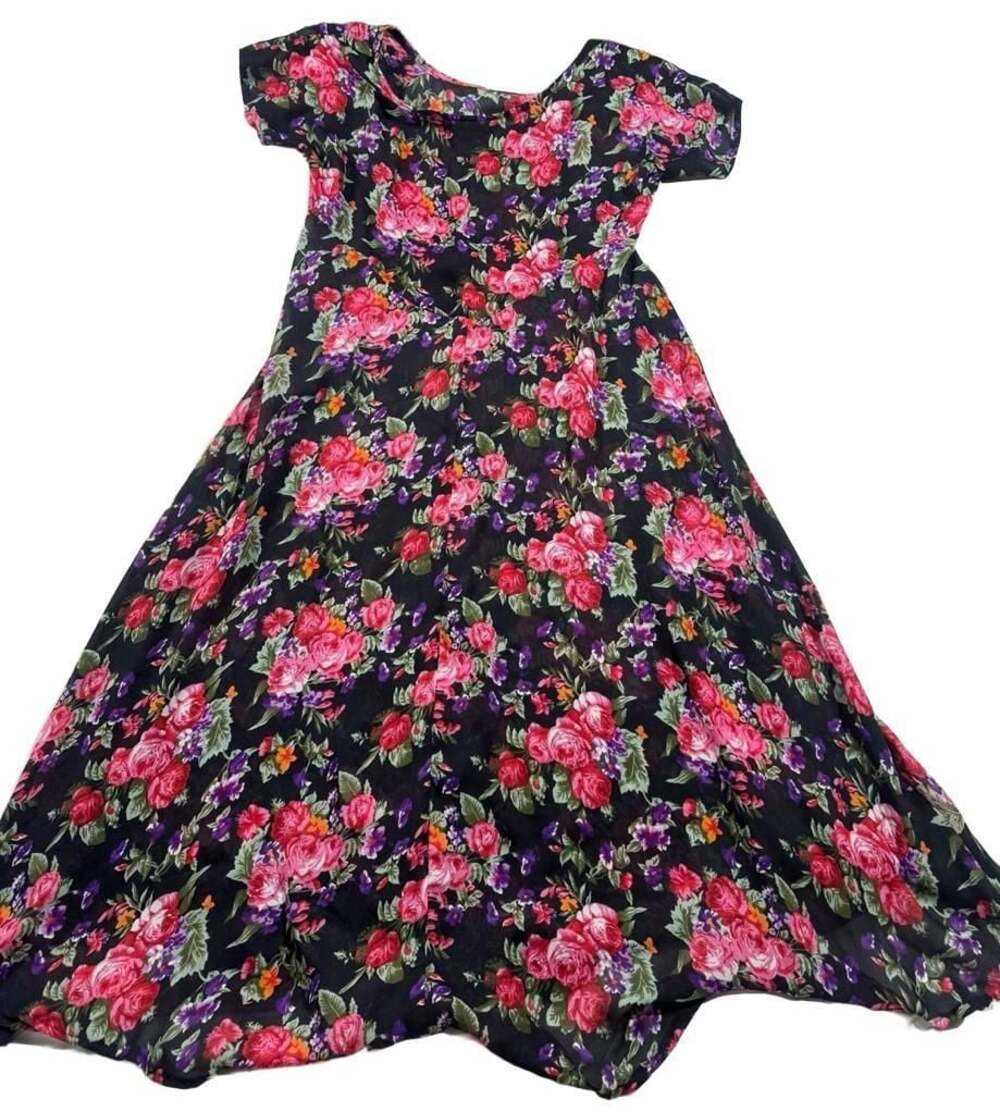 All That Jazz Vintage 90s Black Floral Rose Print Maxi Dress Made in California